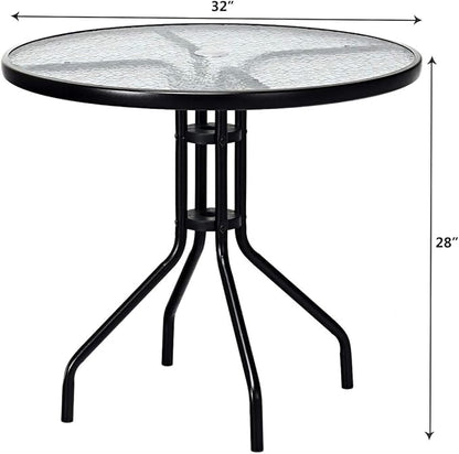 Tangkula 32” Outdoor Dining Table Round, Tempered Glass Top Steel Frame with 1.6 inch Umbrella Hole, All Weather Patio Side Table for Backyard Lawn Balcony Poolside or Garden