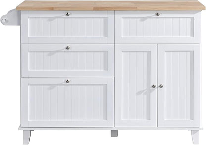 Merax Kitchen Island Set with 2 Stools, Solid Wood Dining Table with Drop Leaf Design, Storage Cabinet, Drawers and Towel Rack, White