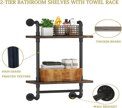 Helsin Industrial Pipe Floating Bathroom Shelves Wall Mounted with Towel bar, 2 Tier Rustic Wood Wall Shelf, 16inch Metal Towel Rack Storage Bookshelf for Bathroom, Kitchen, Farmhouse, Living Room | with Towel bar, Wall Shelf, Towel Rack, Storage Books...