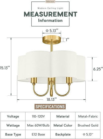 Gold Semi Flush Mount Ceiling Light, 18" 4-Light Light Fixtures Ceiling Mount with Beige Petal Fabric Shade for Kitchen Nursery Entryway Hallway Bedroom, E26 Base, SM179-BG-B-6