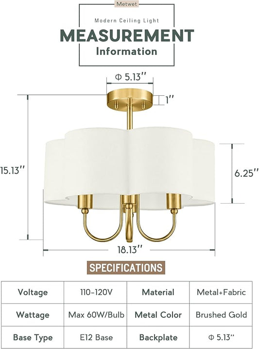 Gold Semi Flush Mount Ceiling Light, 18" 4-Light Light Fixtures Ceiling Mount with Beige Petal Fabric Shade for Kitchen Nursery Entryway Hallway Bedroom, E26 Base, SM179-BG-B-6