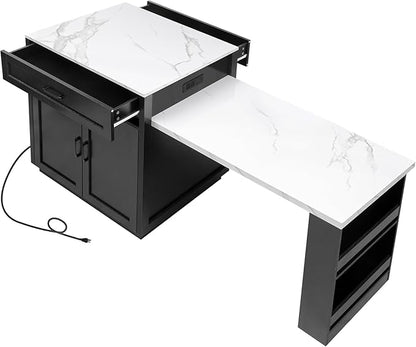 Ball & Cast 83" Kitchen Island with Extendable Dining Table,2-Tone Kitchen Table W/Double-Sized Storage,Power Outlet,Kitchen Islands W/ 2 Storage Drawers & 2 Side Open Shelves,for 4-6 Person,Black