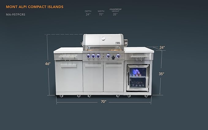 Mont Alpi Premium 70"W x 24"D Stainless Steel Compact Outdoor Kitchen Island with Refrigerator + 32"W 4-Burner BBQ Grill with Infrared Rotisserie Burner + Storage Cabinets + White Granite Countertops