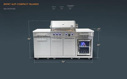 Mont Alpi Premium 70"W x 24"D Stainless Steel Compact Outdoor Kitchen Island with Refrigerator + 32"W 4-Burner BBQ Grill with Infrared Rotisserie Burner + Storage Cabinets + White Granite Countertops