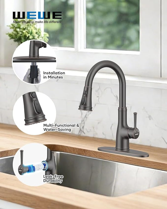 WEWE Vintage Kitchen Faucet with Pull Down Sprayer, Stainless Steel 1 or 3 Hole High Arc Single Handle Antique Sink Faucet for Classic Modern Ktichen, Oil Rubbed Bronze Bar & Prep Sinks
