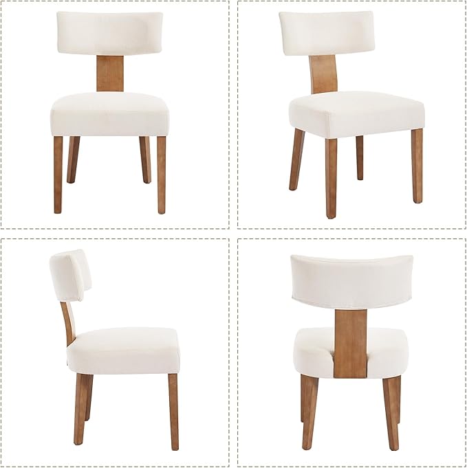 Mid Century Modern Dining Chairs, Upholstered Linen Fabric Chairs with Curved Backrest and Wood Legs, Comfy Kitchen Vanity Chairs for Dining Room/Living Room/Kitchen, Set of 6 Beige
