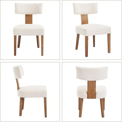 Mid Century Modern Dining Chairs, Upholstered Linen Fabric Chairs with Curved Backrest and Wood Legs, Comfy Kitchen Vanity Chair for Dining Room/Living Room/Kitchen, Set of 4 Beige