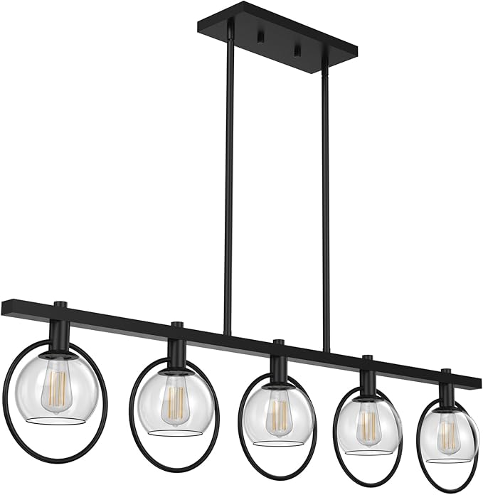 ropelux Dining Room Light Fixture, 5-Light Chandelier for Kitchen Island Over Table with E12 Socket(Bulb not Included), Black Rustic Hanging Pendant Light Fixtures with Clear Gray-Tinted Lampshade