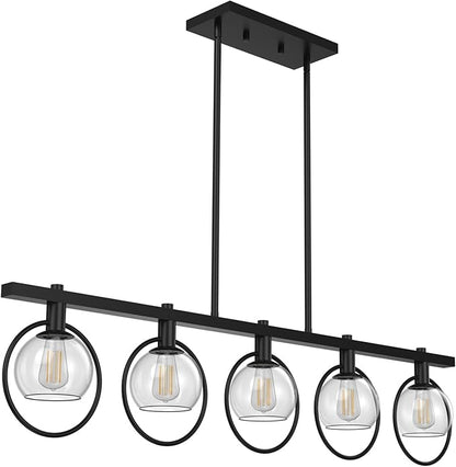 ropelux Dining Room Light Fixture, 5-Light Chandelier for Kitchen Island Over Table with E12 Socket(Bulb not Included), Black Rustic Hanging Pendant Light Fixtures with Clear Gray-Tinted Lampshade