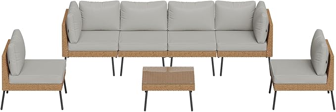 Aoxun Patio Furniture Set, 7 Piece Outdoor Sectional Sofas with Thick Cushion, Wicker Outdoor Patio Furniture Set with Coffee Table for Party, Garden, Backyard, Grey