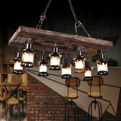 A Million Retro Farmhouse Wood Chandelier, 8-Light Industrial Chandelier Light Fixture with Seeded Glass Shades, 38" Rectangle Pendant Chandeliers for Dining Room, Kitchen Island