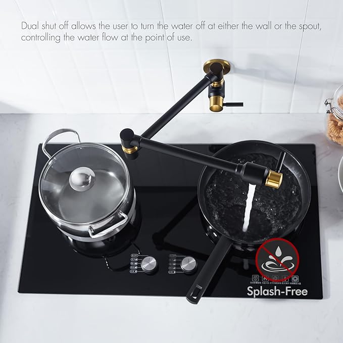 BAGNOLUX Pot Filler Faucet Over Stove, Traditional Pot Filler Wall Mount Commercial Solid Brass Kitchen Faucet, Pot Filler Folding Faucet with Double Joint Swing Arm 23.4 inch, Black and Gold