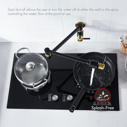 BAGNOLUX Pot Filler Faucet Over Stove, Traditional Pot Filler Wall Mount Commercial Solid Brass Kitchen Faucet, Pot Filler Folding Faucet with Double Joint Swing Arm 23.4 inch, Black and Gold