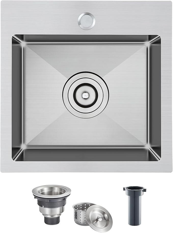 18 inch Drop-in Kitchen Sink, Small Topmount Kitchen Sink Single Bowl, Overmount 304 Stainless Steel Kitchen Bar Sink Handmade with Basket Strainer