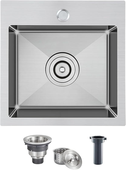 18 inch Drop-in Kitchen Sink, Small Topmount Kitchen Sink Single Bowl, Overmount 304 Stainless Steel Kitchen Bar Sink Handmade with Basket Strainer