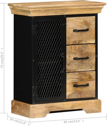 Solid Mango Wood Sideboard Cabinet, Brown and Black Industrial Finish, 23.6" Living Room Buffet with Storage, Polished Lacquered Surface Kitchen Furniture