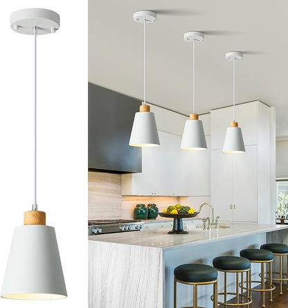 Mini Pendant Light Fixtures White Wood Pendant Lighting for Kitchen Island 7.87in Cone Modern Ceiling Hanging Lights Hollow Shade Nordic Island Light for Counter, Bar, Hallway