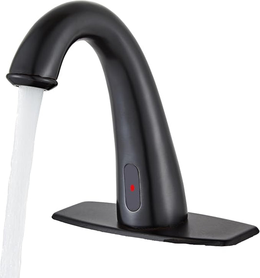 Automatic Touchless Bathroom Faucet Motion Sensor Activated Commercial Basin Sink Vantiy Hands Free Auto Off Infrared Mixer with Hole Cover Deck Plate Temperature Control Hot Cold Matte Black