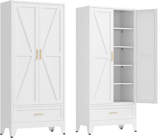 71" Tall Kitchen Pantry Cabinet,Farmhouse Pantry Cabinet,Metal Cabinet with Adjustable Shelves and Drawer,Storage Cabinet for Kitchen Dining Room Garage,White 1 Pack