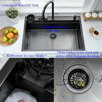 33 Inch Drop In Waterfall Kitchen Sink with Fuacet Combo-Bokaiya 33x22 Drop In Kitchen Sink with Cup Washer 16 Gauge Black Stainess Steel Top Mount Multifunctional Sink, Updated Water Pressure Control