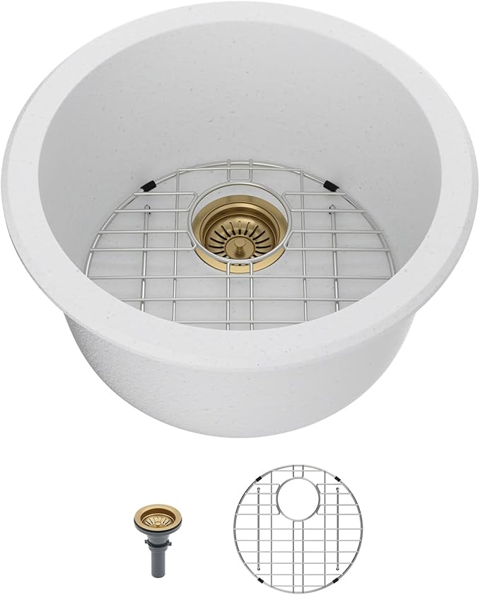 Mocoloo 18 Inch Round Bar Sink Undermount - White Granite Composite Quartz Prep Sinks Small Kitchen Sink for Island or RV