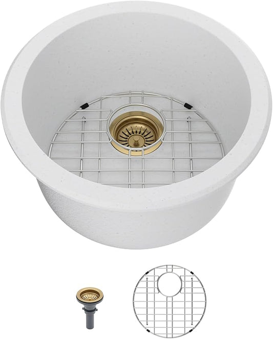 Mocoloo 18 Inch Round Bar Sink Undermount - White Granite Composite Quartz Prep Sinks Small Kitchen Sink for Island or RV
