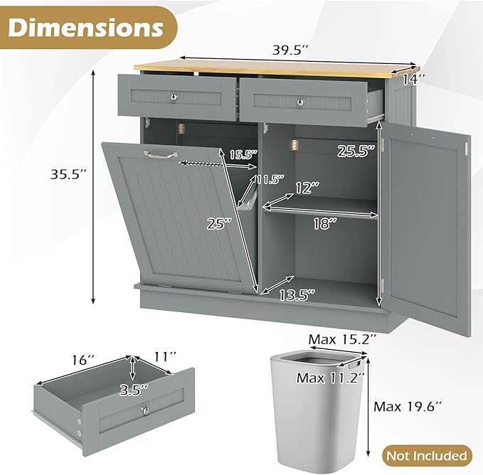 Giantex Tilt Out Trash Cabinet 15.5 Gallon, Wooden Laundry Room Cabinet, 2 Drawers, Storage Cabinet, Recycling Trash Cabinet, Kitchen Island with Garbage Can Holder, 39.5" x 14" x 35.5", Gray
