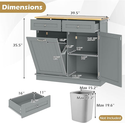 Giantex Tilt Out Trash Cabinet 15.5 Gallon, Wooden Laundry Room Cabinet, 2 Drawers, Storage Cabinet, Recycling Trash Cabinet, Kitchen Island with Garbage Can Holder, 39.5" x 14" x 35.5", Gray