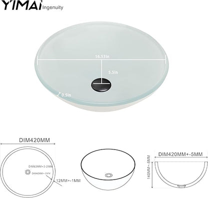 16.5" White Glass Vessel Sink with Faucet and Drain – Modern Round Countertop Bathroom Sink Bowl, Transparent Above Counter Vanity Basin for Small Spaces