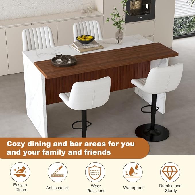 63 Inch Kitchen Island with 4 Deep Brown Bar Stools – White Marble Countertop, Integrated LED Lighting & Grille Design, Multi-Functional Breakfast Bar for Dining Rooms, (White+4beige)