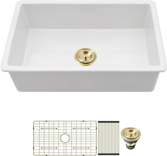 Kichae 30 Inch White Undermount Sink Fireclay 30x18 Inch Dual Drop in & Undermount Kitchen Sink Porcelain Ceramic Single Bowl Deep Basin