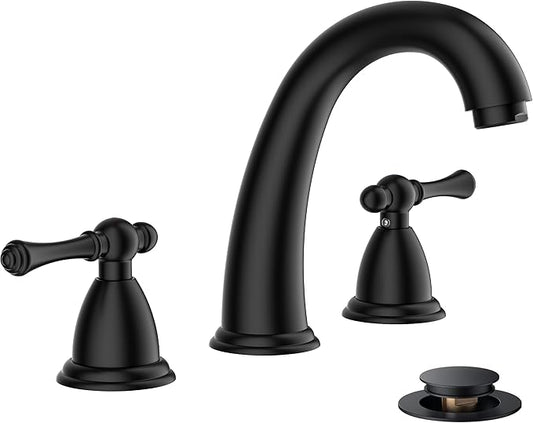 FORIOUS Black Bathroom Sink Faucet 8 Inch, Widespread Bathroom Faucet 3 Hole with Pop Up Drain and Water Hose Supply, 2 Lever Handle Design,for Vanity RV Farmhouse Sink