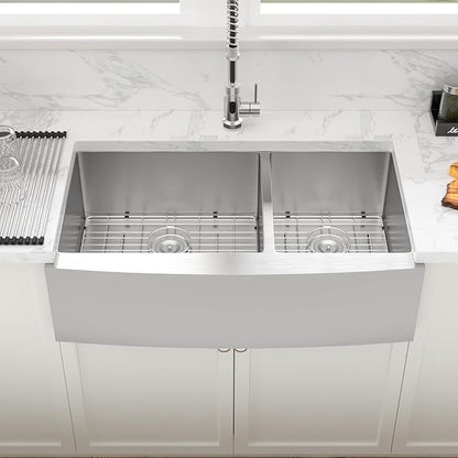 Sarlai 36 Stainless Farmhouse Sink Double Bowl - 36x21 Inch Apron Front Kitchen Sink Stainless Steel Farm 60/40 Farmer Double Kitchen Sinks 16 Gauge Round Corner Undermount Farm Sinks Basin