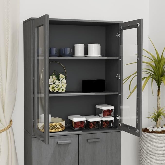 HAMAR Highboard Top, Dark Gray Solid Pinewood, 33.5"x13.8"x39.4", Sideboard Storage with Glass Doors, Durable Kitchen Furniture Kitchen Furnitur