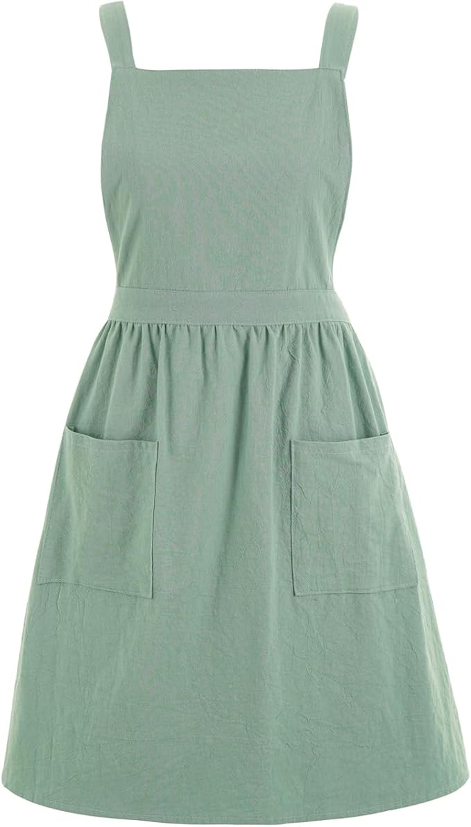 Pinknoke Cotton Linen Pinafore Apron Dress for Women with Pockets Cute Art Chef Aprons for Kitchen Baking Gardening Painting