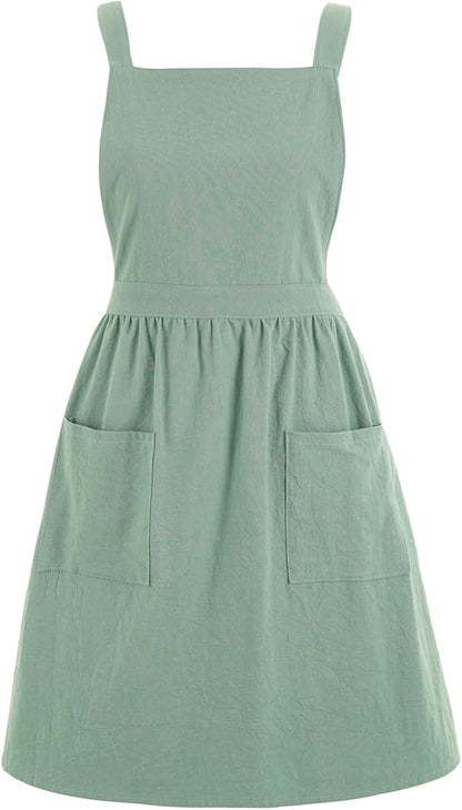 Pinknoke Cotton Linen Pinafore Apron Dress for Women with Pockets Cute Art Chef Aprons for Kitchen Baking Gardening Painting