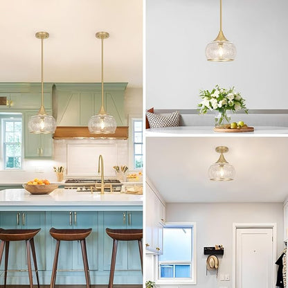 Gold Pendant Light - Modern Pendant Lights Kitchen Island with Handblown Glass, Vintage Hanging Light for Kitchen with Adjustable Height, Lithging Fixture for Dining Room Sink