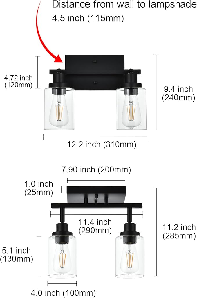 MELUCEE 2 Light Wall Scone Spotlight Semi Flush Mount Ceiling Light, 12.2 Inch Black Bathroom Lights Rotatable Track Lighting Kit for Hallway Porch Foyer Bath Storage, Clear Glass Shade