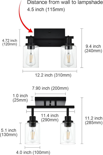 MELUCEE 2 Light Wall Scone Spotlight Semi Flush Mount Ceiling Light, 12.2 Inch Black Bathroom Lights Rotatable Track Lighting Kit for Hallway Porch Foyer Bath Storage, Clear Glass Shade