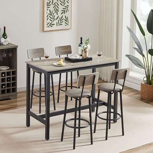 Bar Table Set for 4 with 4 PU Upholstered Stools, Pub Bistro Dinning Table and Stools with Backrest, Counter Height Bar Table Set for Apartment, Kitchen, Small Space