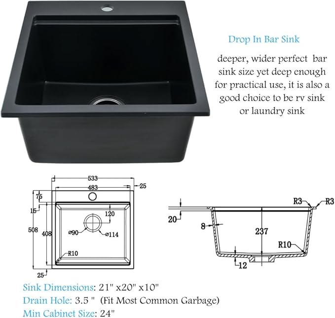 21 Inch Black Drop In Bar Sink Quartz Workstation-Bokaiya 21x20 Drop In Kitchen Sink Matte Black Quartz Composite Small Outdoor Rv Single Bowl Wet Bar Sinks with Cutting Board