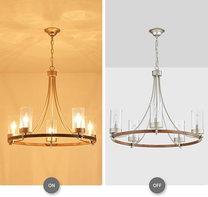WUZUPS 5-Light Wagon Wheel Chandelier Rustic Farmhouse Industrial Round Pendant Light Fixture with Clear Seeded Glass Shades for Dining Room Kitchen Island, Imitation Wood Grain Nickel
