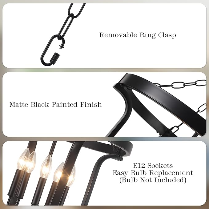 Black Farmhouse Chandelier 5-Light, 19” Industrial Lantern Chandelier Entryway Light Fixture, Metal Cage Rustic Hanging Pendant Lighting Fixture for Foyer Kitchen Dining Room Living room Hallway