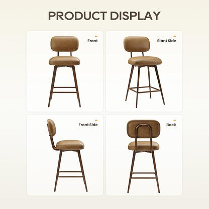 MALOL 26“ PU Leather Swivel Bar Stools Set of 6, Mid Century Counter Height Bar Chairs with Low Back and Metal Legs, Modern Bar Stool Chair for Kitchen Island, Brown
