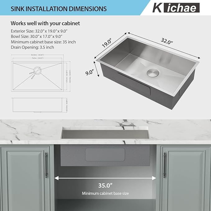 Kichae 32 Inch Undermoun Kitchen Sink Single Bowl Stainless Steel Undermount 16 Gauge Round Corner Handmade Modern Rectangular Under Counter Kitchen Sinks