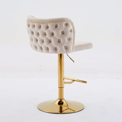 Furniture,Swivel Bar stools Adjusatble Seat Height with Gold Plating Base, Classic Velvet Upholstered Bar Stools with The Whole Back Tufted, for Home Pub and Kitchen Island,Beige, Set of 2