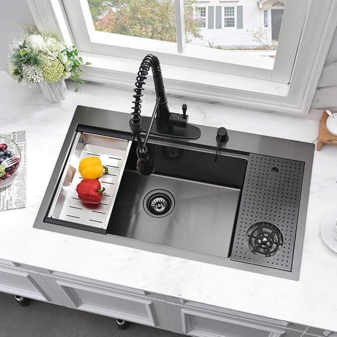 33x19 Drop In Kitchen Sink-Bokaiya 33 Inch Drop In Kitchen Sink with Cup Washer Black Stainless Steel Topmount Sink 16 Gauge Single Bowl Kitchen Sink with Cutting Board