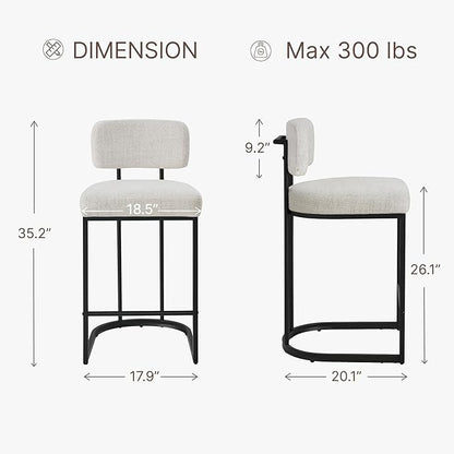 26" H Counter Height Bar Stools Set of 2, Modern Linen Fabric Upholstered Barstools with Backrest for Kitchen Island, Black Metal Frames, Wheat