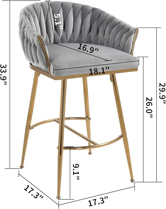 26'' Counter Height bar stools Set of 2 Kitchen Island Counter bar Stool with Hand- Wave Back, Golden Chromed Base and footrest,for Living Room