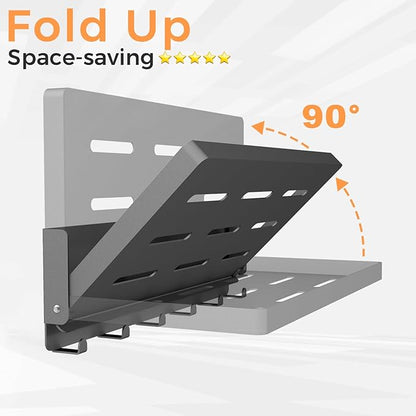 Small Folding Wall Shelf with Hooks, Wall Mounted 2 Folding Metal Shelves, Fold Up 90° and 6 Hooks, Practical Wall Shelf for Rv, Utility Room, Laundry Room, Garage, Black（11.8", 2 Pack）